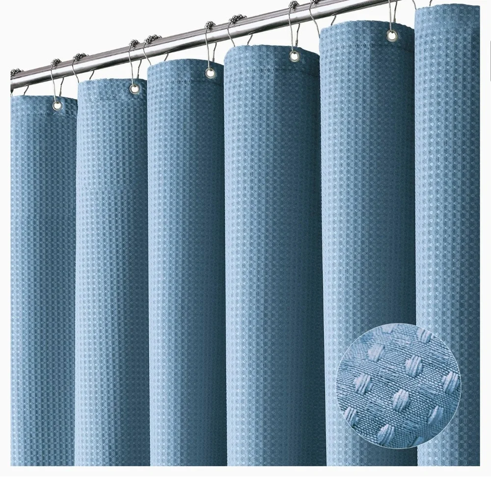 Dynamene Blue Fabric Shower Curtain Waffle Weave Textured Heavy Duty & Hooks NWT